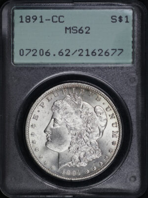 Obverse of this 1891-CC Morgan Dollar PCGS MS-62 Old Green Rattler Holder