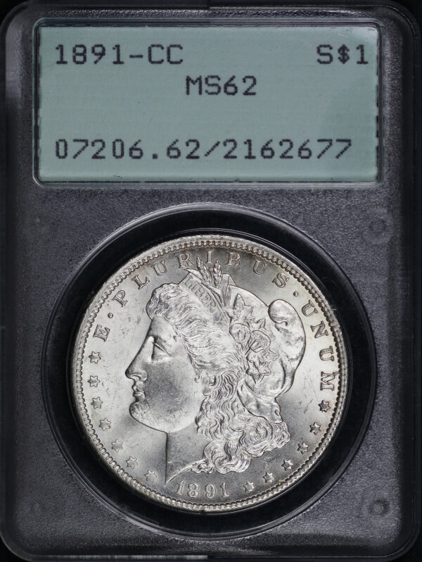 Obverse of this 1891-CC Morgan Dollar PCGS MS-62 Old Green Rattler Holder