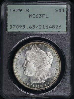 Obverse of this 1879-S Morgan Dollar PCGS MS-63 PL Old Green Rattler Holder