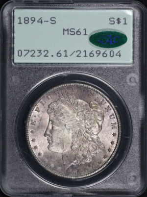Obverse of this 1894-S Morgan Dollar PCGS MS-61 CAC Old Green Rattler Holder