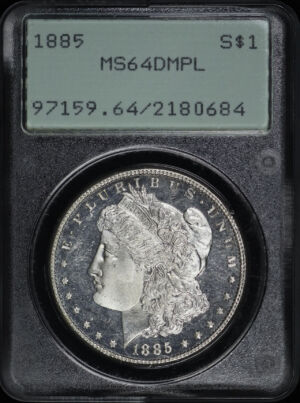 Obverse of this 1885 Morgan Dollar PCGS MS-64 DMPL Old Green Rattler Holder