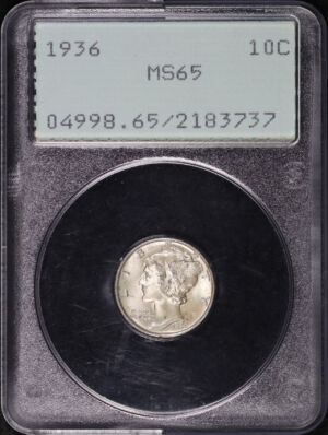 Obverse of this 1936 Mercury Dime PCGS MS-65 Old Green Rattler Holder