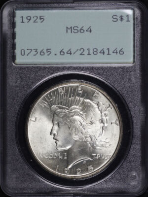 Obverse of this 1925 Peace Dollar PCGS MS-64 Old Green Rattler Holder