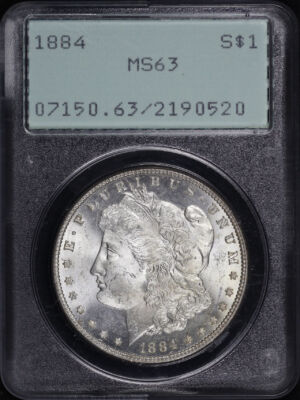 Obverse of this 1884 Morgan Dollar PCGS MS-63 Old Green Rattler Holder
