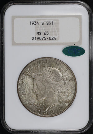 Obverse of this 1934-S Peace Dollar NGC MS-65 CAC Old Fatty Holder