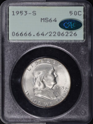 Obverse of this 1953-S Franklin Half Dollar PCGS MS-64 CAC Old Green Rattler Holder