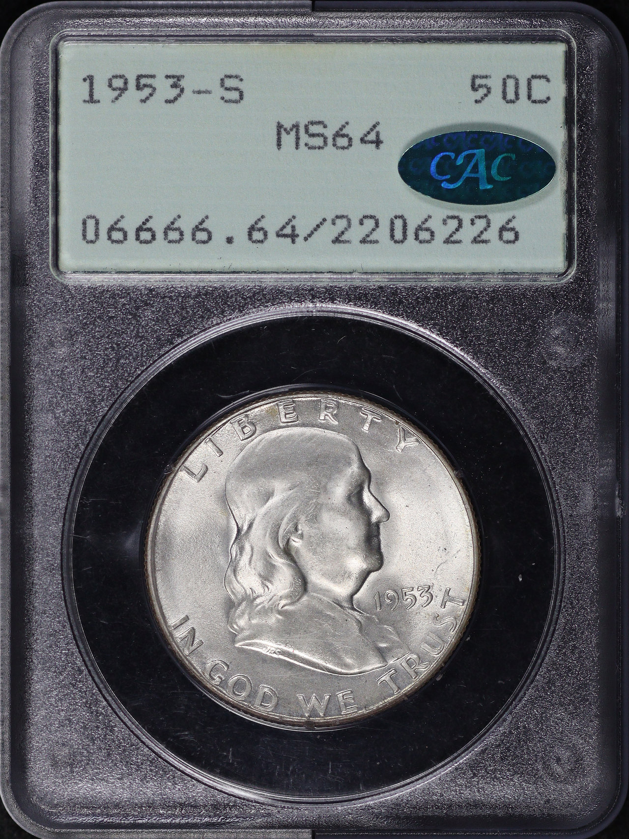 Obverse of this 1953-S Franklin Half Dollar PCGS MS-64 CAC Old Green Rattler Holder