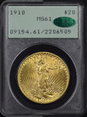 Obverse of this 1910 St. Gaudens $20 PCGS MS-61 CAC Old Green Rattler Holders 