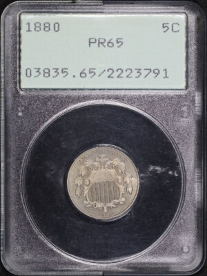 Obverse of this 1880 Shield Nickel PCGS PR-65 Old Green Rattler Holder