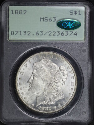 Obverse of this 1882 Morgan Dollar PCGS MS-63 CAC Old Green Rattler Holder