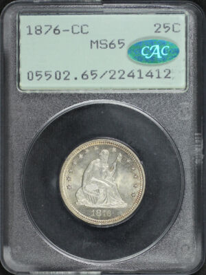 Obverse of this 1876-CC Liberty Seated Quarter PCGS MS-65 CAC Old Green Rattler Holder