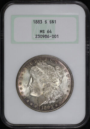 Obverse of this 1883-S Morgan Dollar NGC MS-64 Old Fatty Holder, Blue & Violet Rim Toning