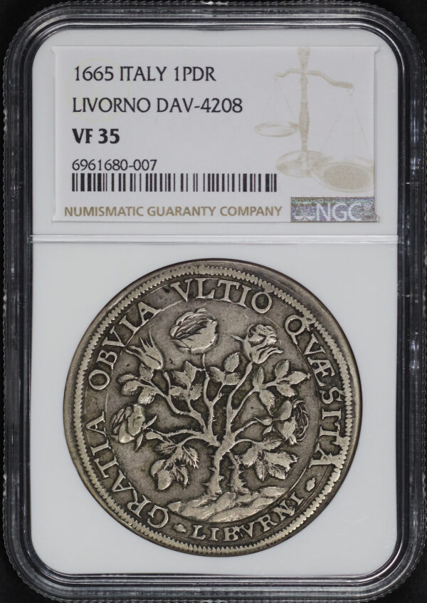 Obverse of this 1665 Italy  1PDR Livorno Dav-4208 NGC VF-35