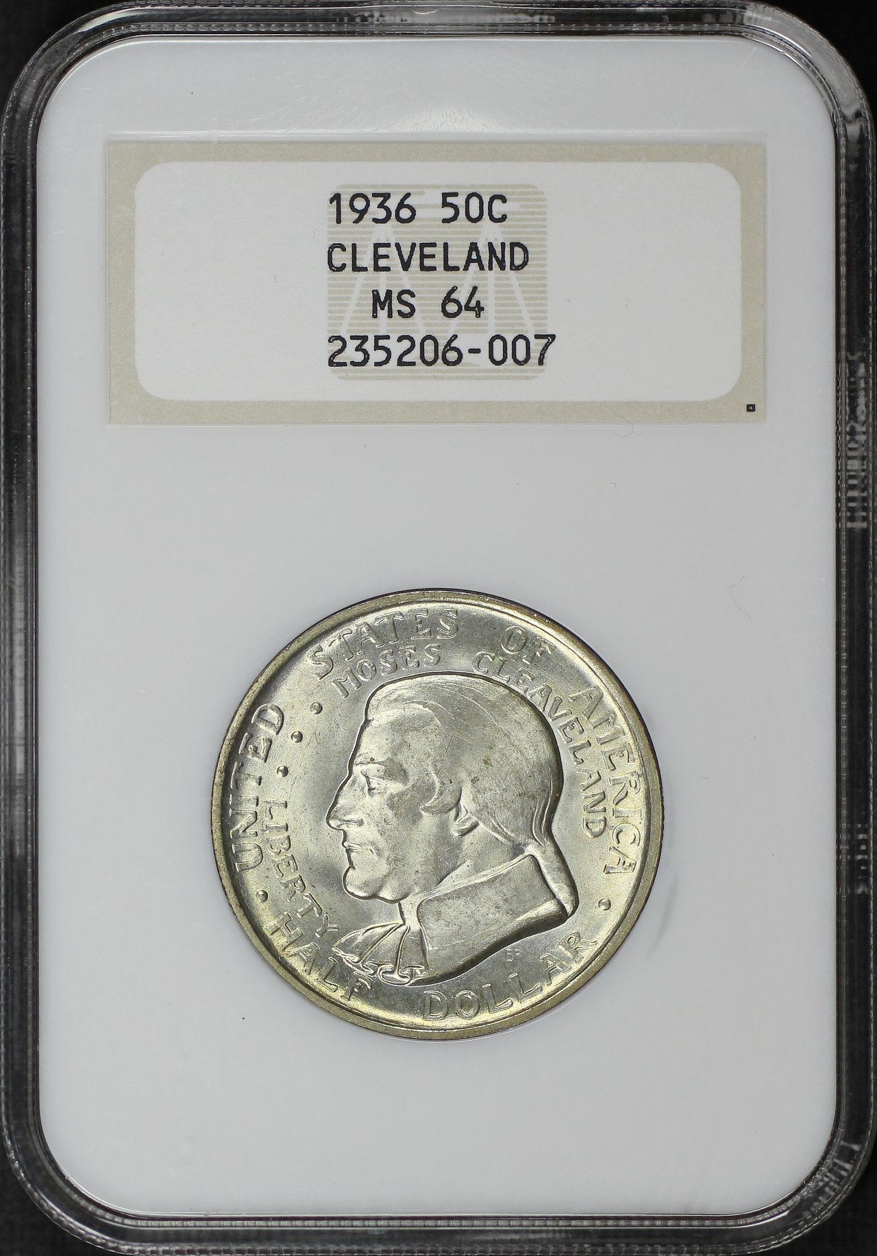 Obverse of this 1936 Silver Commemorative Cleveland 50C NGC MS-64 Old Fatty Holder