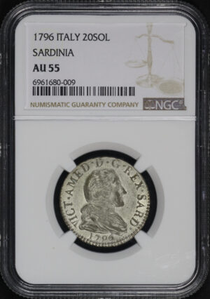 Obverse of this 1796 Italy  20 SOL Sardinia NGC AU-55