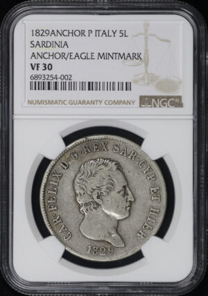 Obverse of this 1829 Anchor P Italy Silver 5 Lire Sardinia Anchor/Eagle Mint Mark NGC VF-30 Top Pop! 