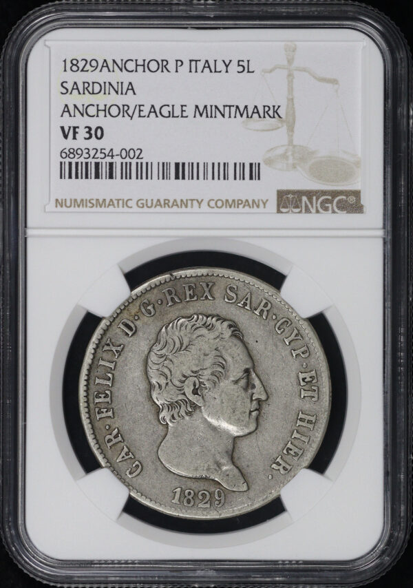 Obverse of this 1829 Anchor P Italy Silver 5 Lire Sardinia Anchor/Eagle Mint Mark NGC VF-30 Top Pop! 