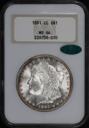 Obverse of this 1891-CC Morgan Dollar NGC MS-64 CAC Old Fatty Holder