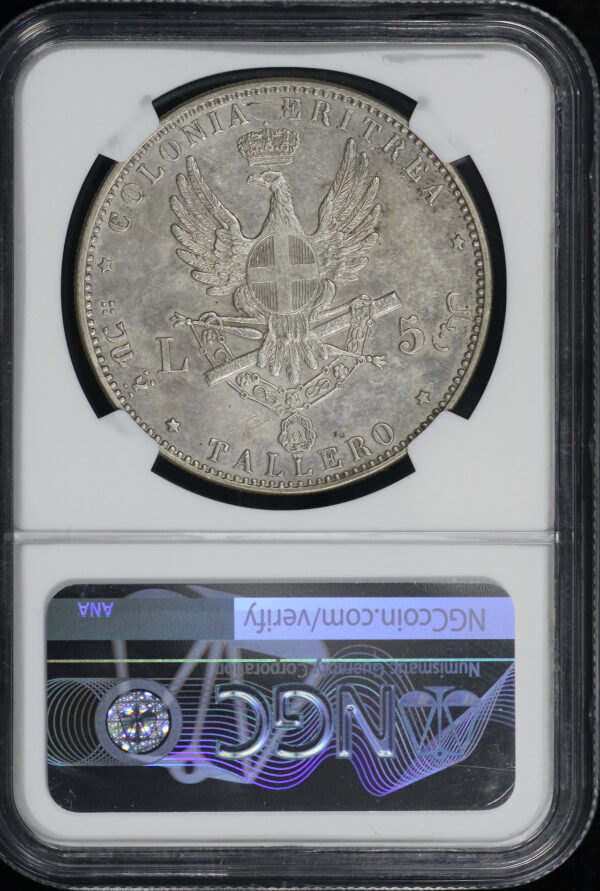 Reverse of this 1891 Eritrea 5 Lire/Tallero NGC AU Details Cleaned