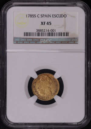 Obverse of this 1785-S C Spain  Gold Escudo KM-416.1 NGC XF-45