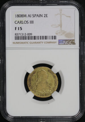 Obverse of this 1808M AI Spain Carlos IIII Gold 2 Escudo KM#435.1 NGC F-15