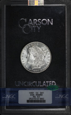 Obverse of this 1891-CC Morgan Dollar NGC MS-63 CAC GSA Hard Pack With Box
