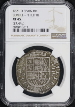 Obverse of this 1621-D Spain Seville – Phillip III Silver 8 Reales (27.44g) KM#28.3 NGC XF-45
