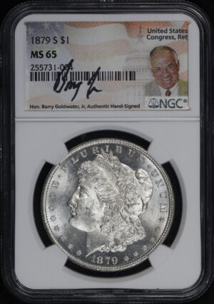 Obverse of this 1879-S Morgan Dollar NGC MS-65 Barry Goldwater Jr. Signature Label