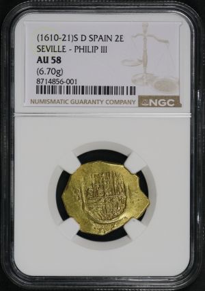Obverse of this (1610-21)S D Spain Seville – Philip III Gold 2 Escudos (6.70g) KM#48 NGC AU-58 