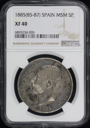 Obverse of this 1885(85-87) MSM Spain Silver 5 Pesetas NGC XF-40 Only Two Graded Higher!