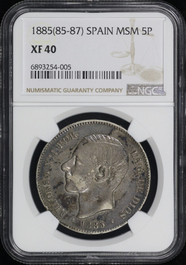Obverse of this 1885(85-87) MSM Spain Silver 5 Pesetas NGC XF-40 Only Two Graded Higher!