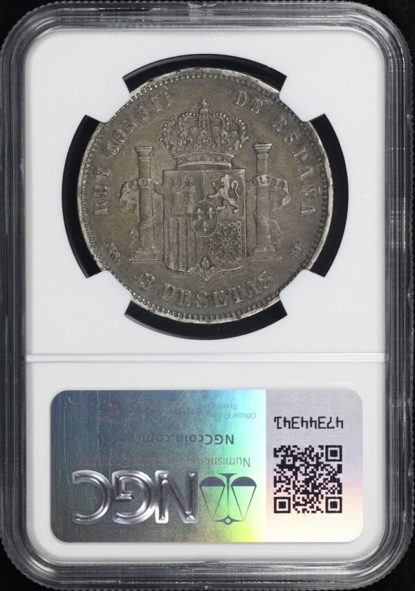 Reverse of this 1885(85-87) MSM Spain Silver 5 Pesetas NGC XF-40