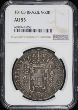 Obverse of this 1816 B Brazil  960 Reis NGC AU-53