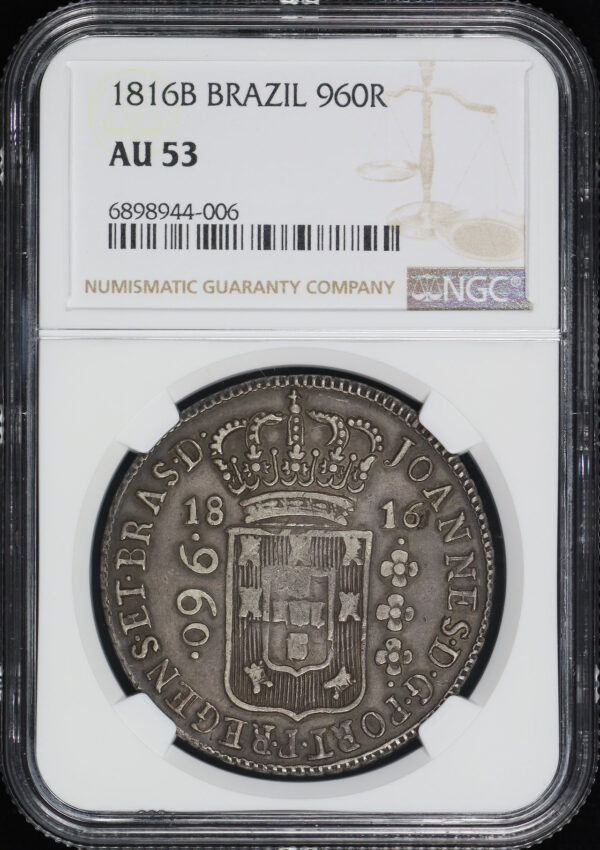 Obverse of this 1816 B Brazil  960 Reis NGC AU-53