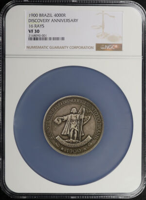 Obverse of this 1900 Brazil 4000R Discovery Anniversary 16 Rays NGC VF-30