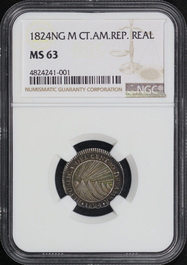 Obverse of this 1824NG M Central American Republic Silver Real KM#3 NGC MS-63