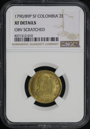 Obverse of this 1790/89P SF Colombia Gold 2 Escudo KM#51.2 NGC XF Details Obverse Scratched