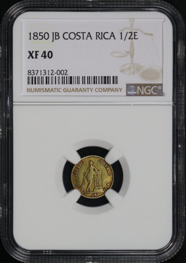 Obverse of this 1850JB Costa Rica Gold 1/2 Escudo KM#97 NGC XF-40