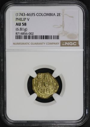 Obverse of this (1743-46)FS Colombia Gold 2 Escudos (6.81g) KM#17 NGC AU-58 