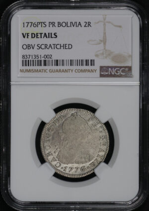 Obverse of this 1776 PTS PR Bolivia  2 Reales NGC VF Details Obverse Cleaned 