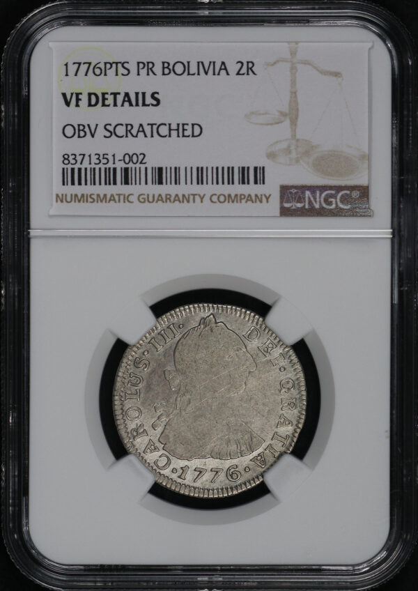 Obverse of this 1776 PTS PR Bolivia  2 Reales NGC VF Details Obverse Cleaned 