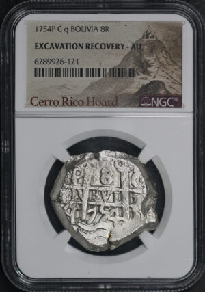 Obverse of this 1754 P C Q Bolivia Silver 8 Reales NGC AU