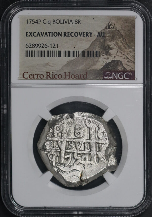 Obverse of this 1754 P C Q Bolivia Silver 8 Reales NGC AU