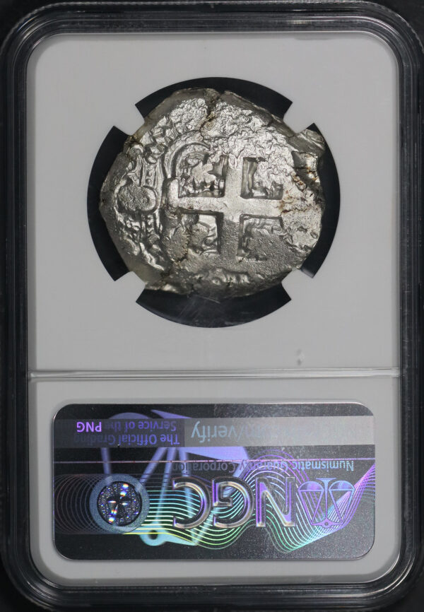 Reverse of this 1754 P C Q Bolivia  8 Reales NGC AU