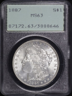 Obverse of this 1887 Morgan Dollar PCGS MS-63 Old Green Rattler Holder