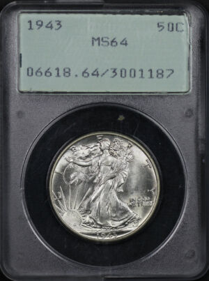 Obverse of this 1943 Walking Liberty Half Dollar PCGS MS-64 Old Green Rattler Holder