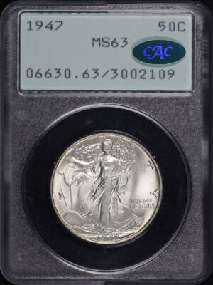 Obverse of this 1947 Walking Liberty Half Dollar PCGS MS-63 CAC Old Green Rattler Holder