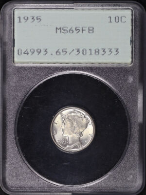 Obverse of this 1935 Mercury Dime PCGS MS-65 FB Old Green Rattler Holder