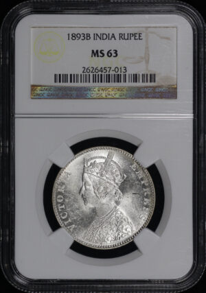 Obverse of this 1893 B India Silver Rupee NGC MS-63