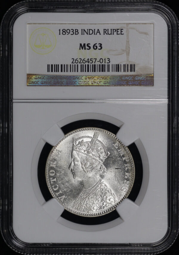 Obverse of this 1893 B India Silver Rupee NGC MS-63